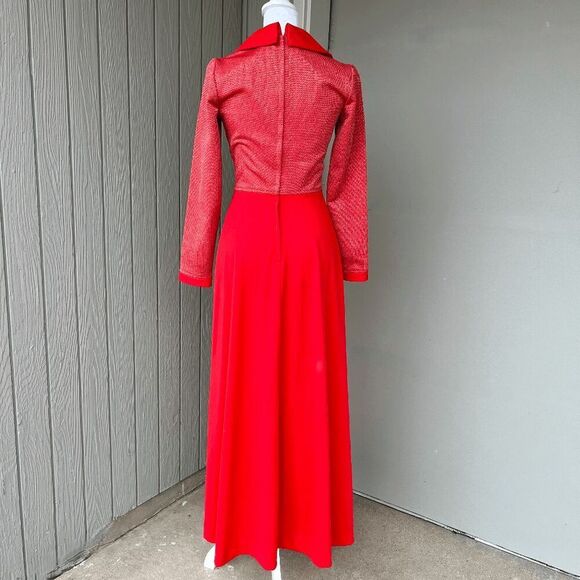 Vintage 1970s Red Glitter Knit Maxi Dress Dramatic Collar Disco XS/S - Picture 6 of 9